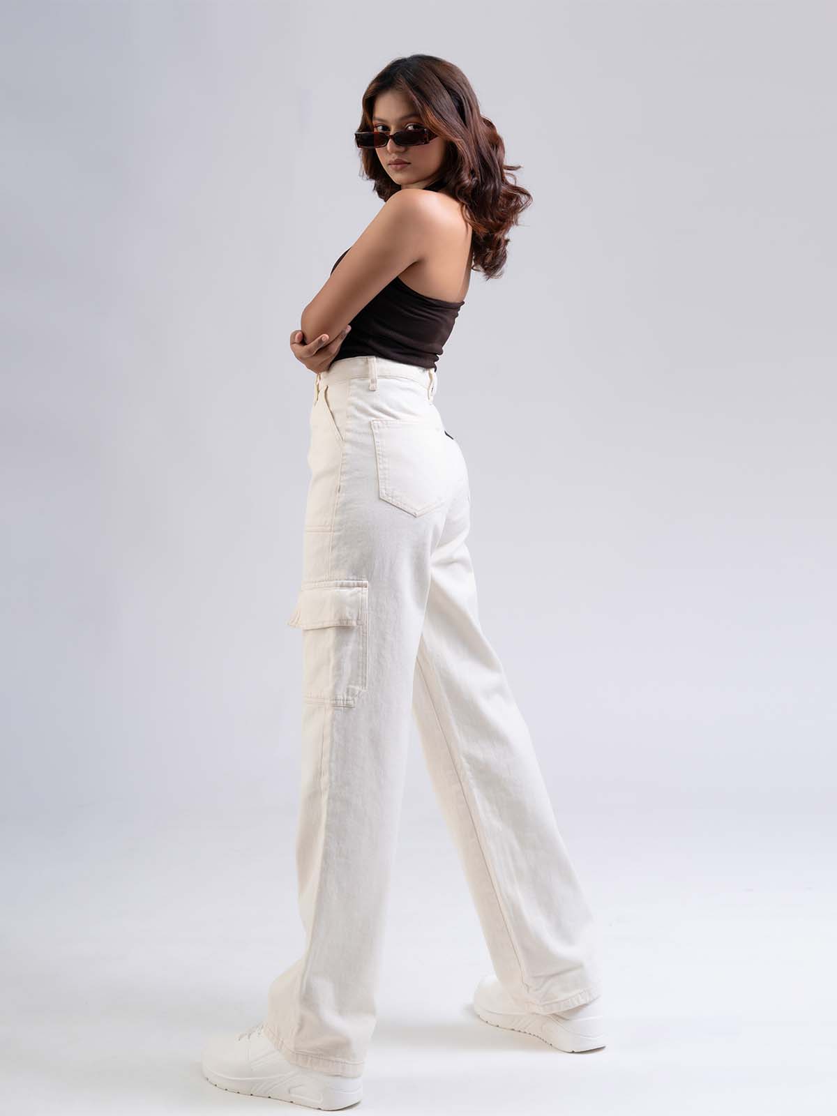 Cream High Waist Wide Leg Denim Cargo