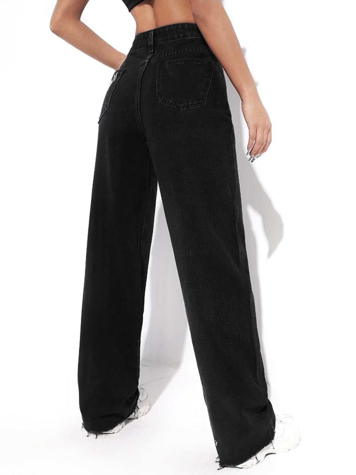 Black Raw Hem High Waist Wide Leg Jeans