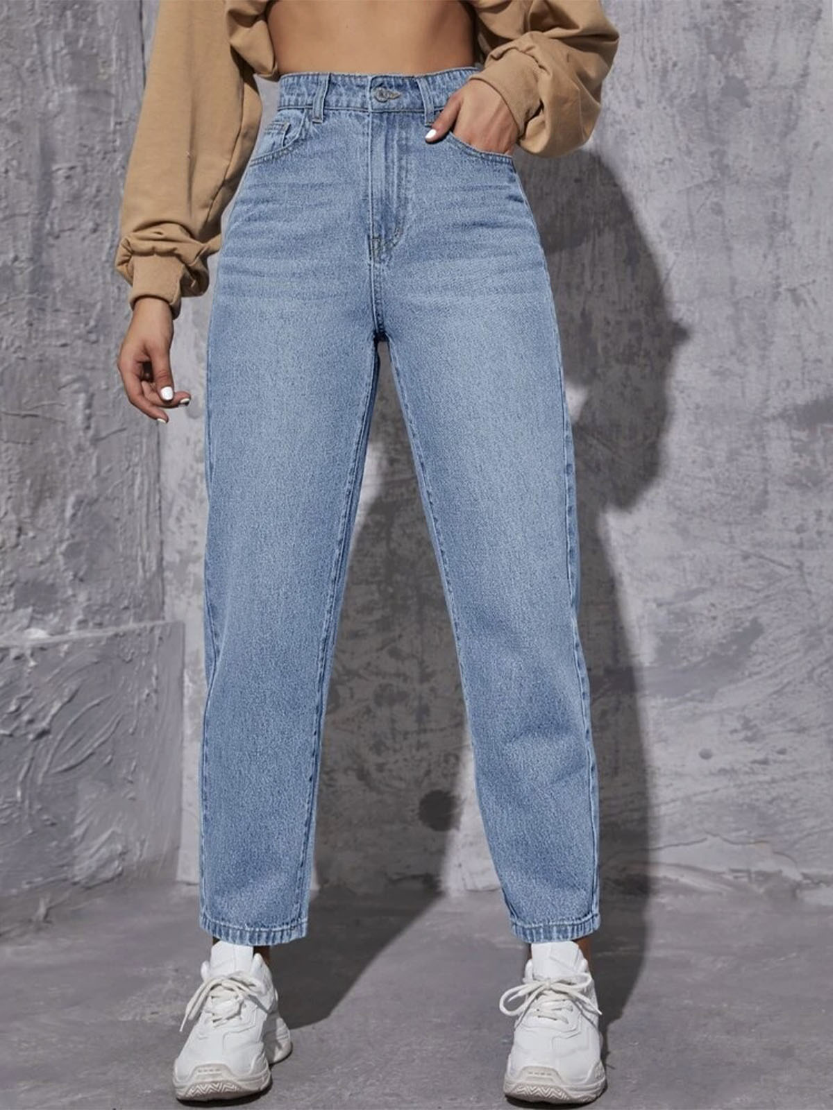 Ice Blue Whisker High Waist Mom Fit Jeans