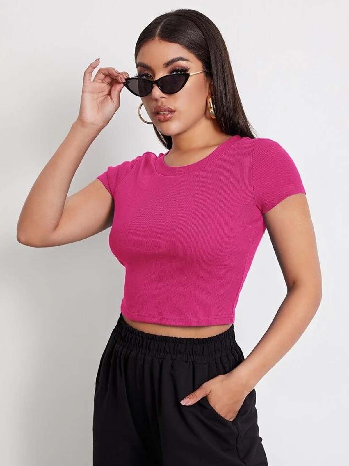 Hot Pink Round Neck Half Sleeve Basic Top