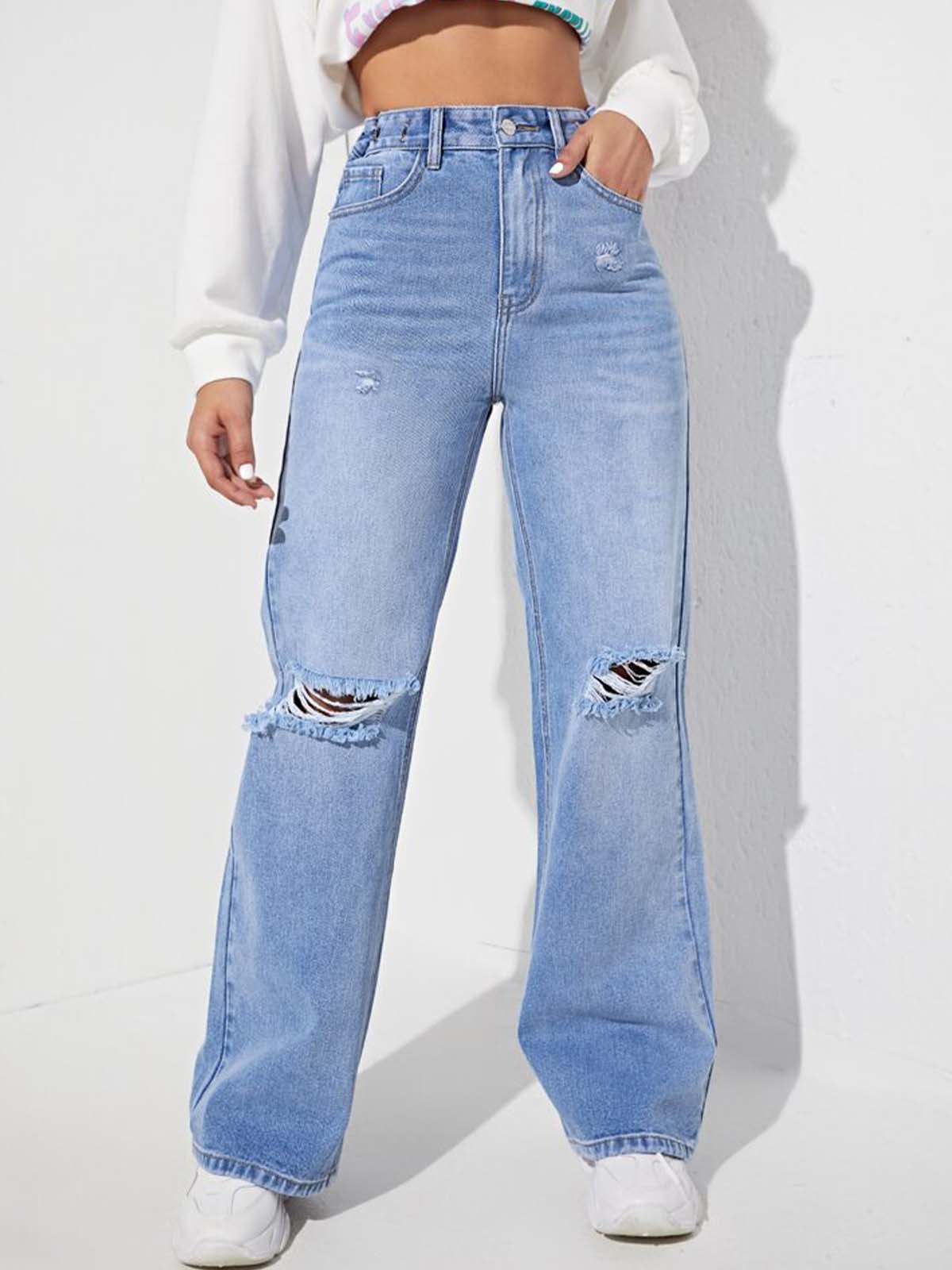 Ice Blue Whisker Ripped High Waist Wide Leg Jeans