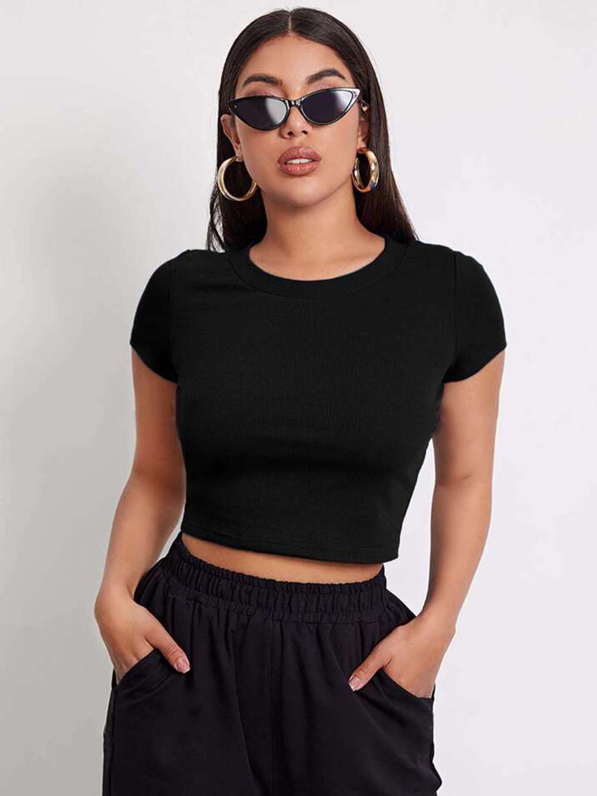 Black Round Neck Half Sleeve Basic Top