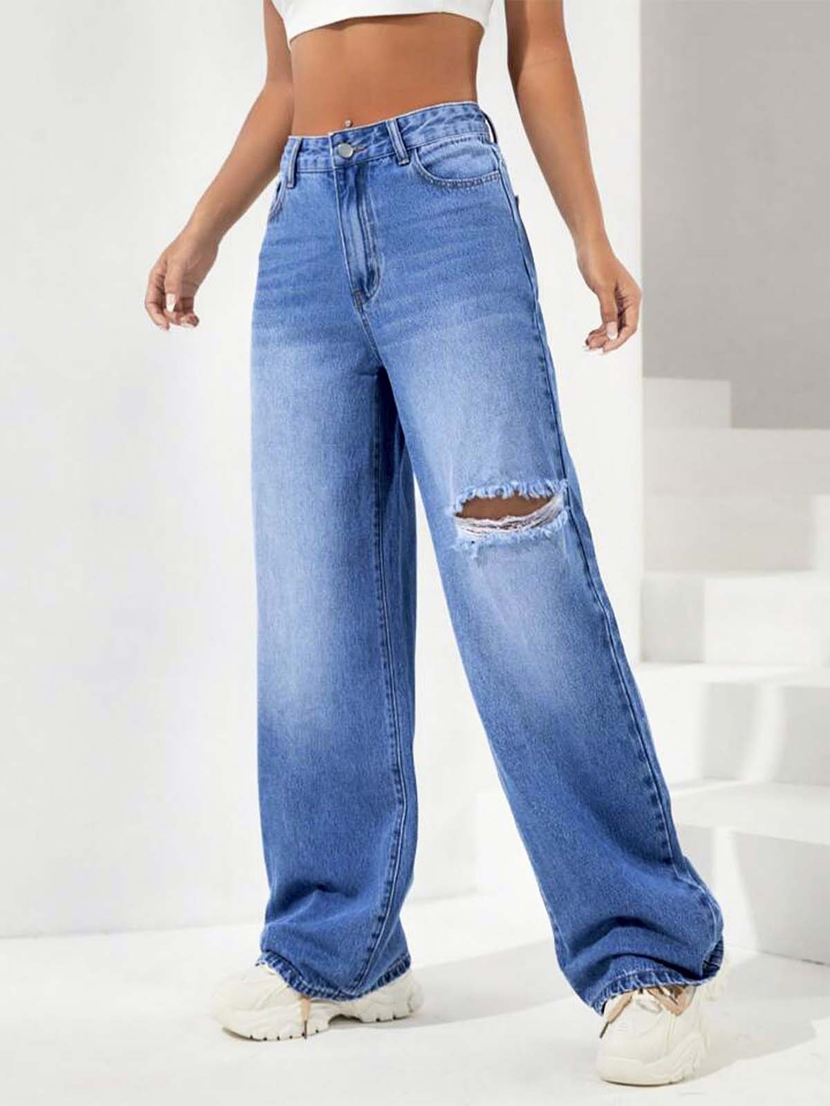 Stone Blue Whisker Knee Ripped High Waist Wide Leg Jeans