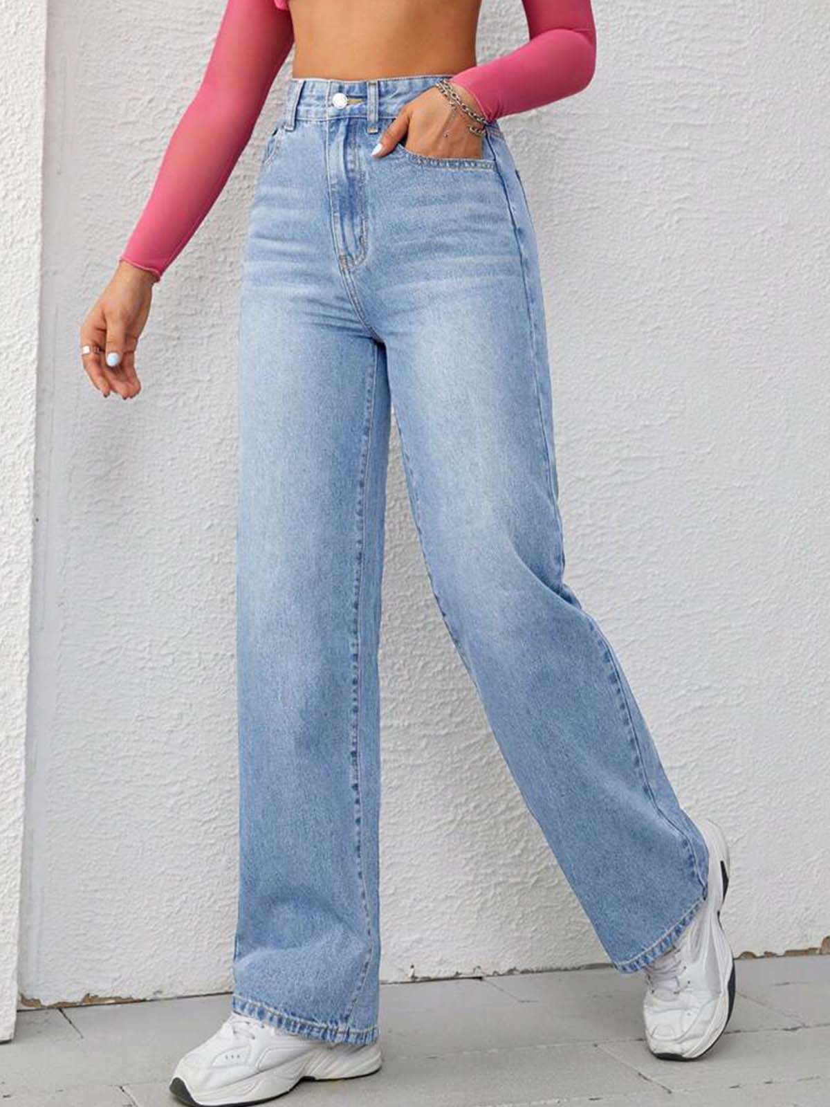 Ice Blue Whisker High Waist straight Fit Jeans