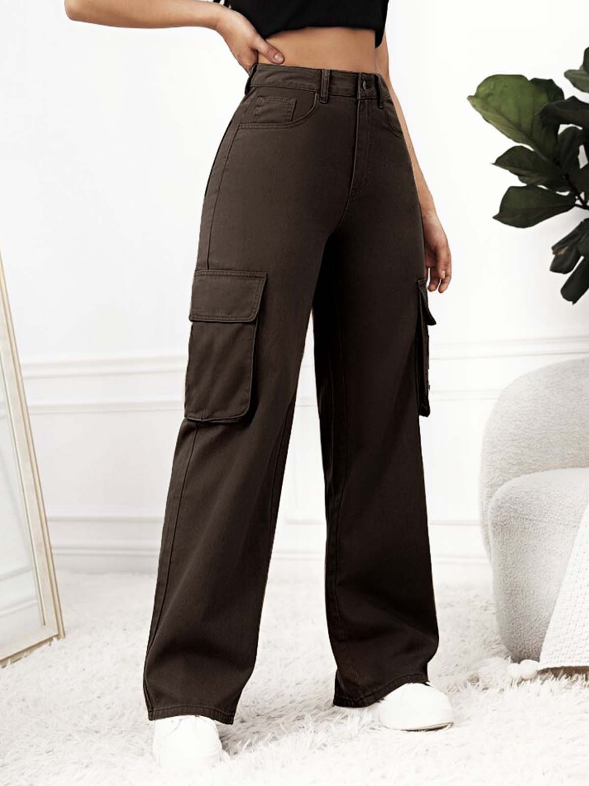 Dark Chocolate High Waist Baggy Fit Twill Cargo Trouser