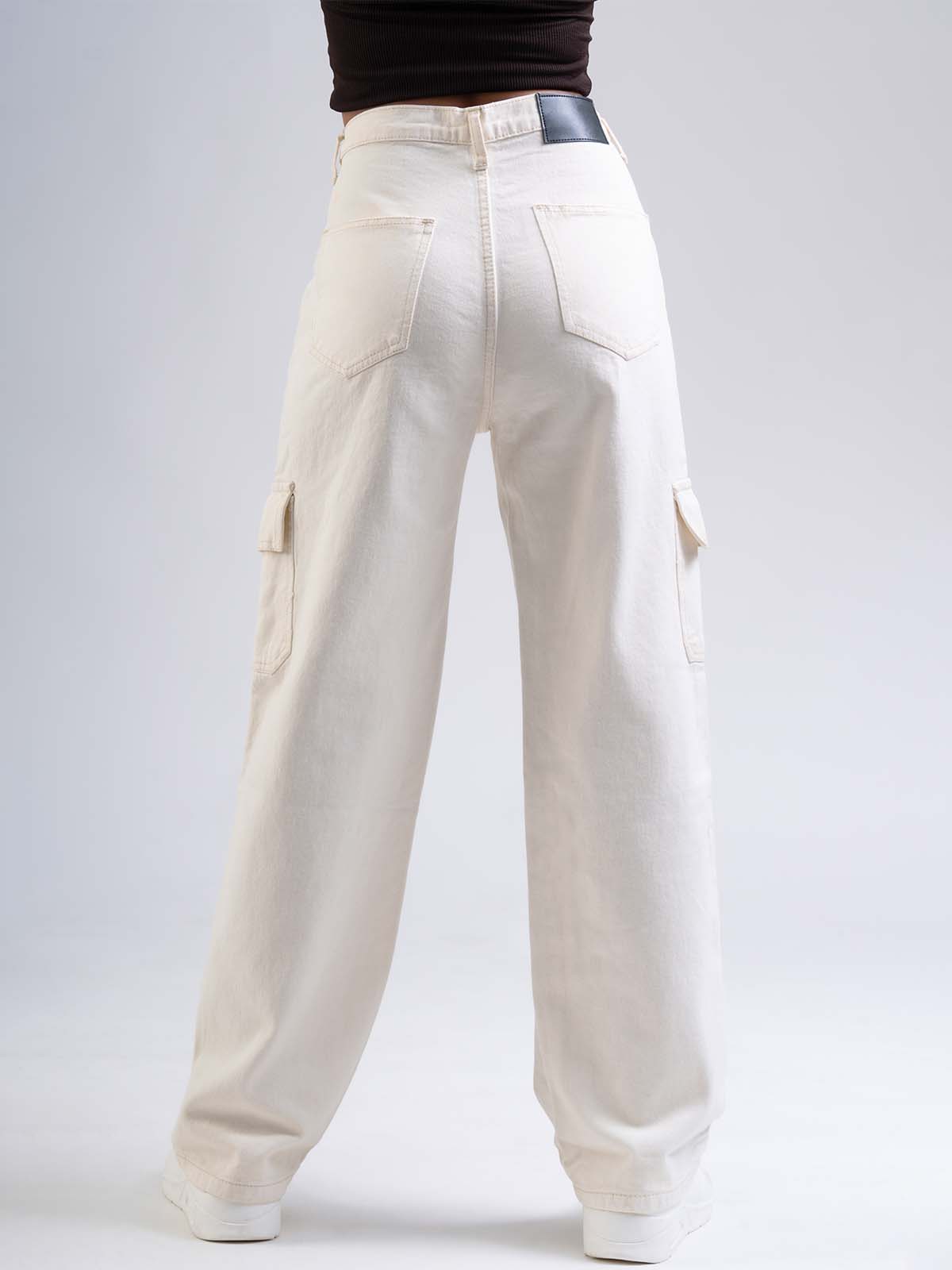 Cream High Waist Wide Leg Denim Cargo