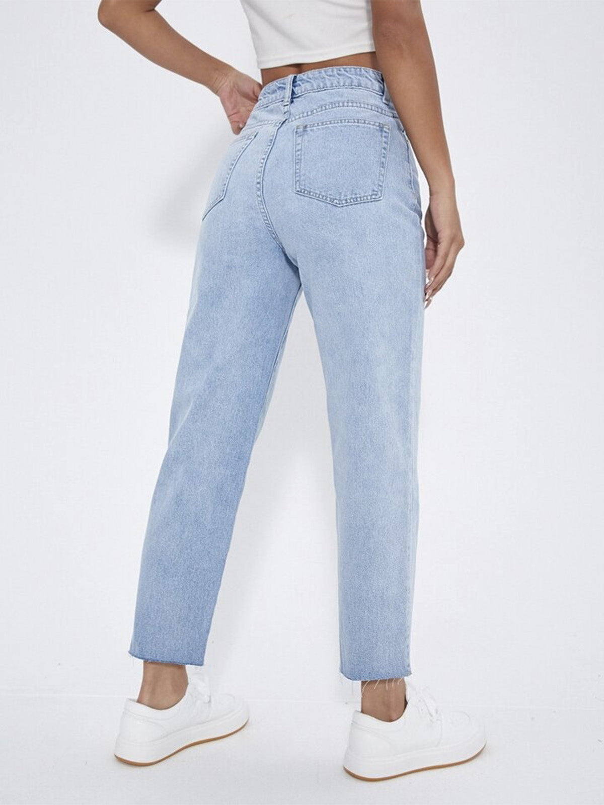 Ice Blue Raw Hem High Waist Mom Fit Jeans