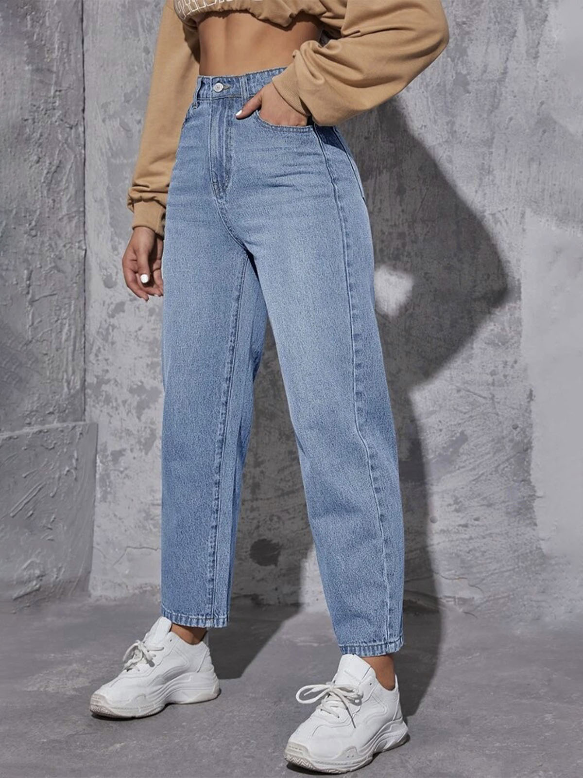 Ice Blue Whisker High Waist Mom Fit Jeans