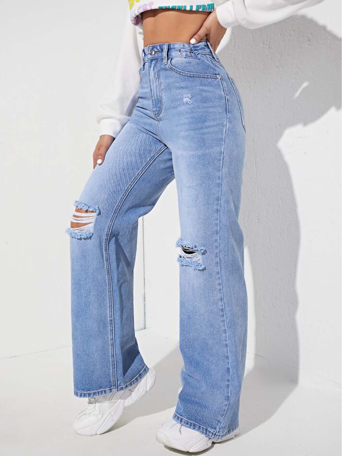 Ice Blue Whisker Ripped High Waist Wide Leg Jeans