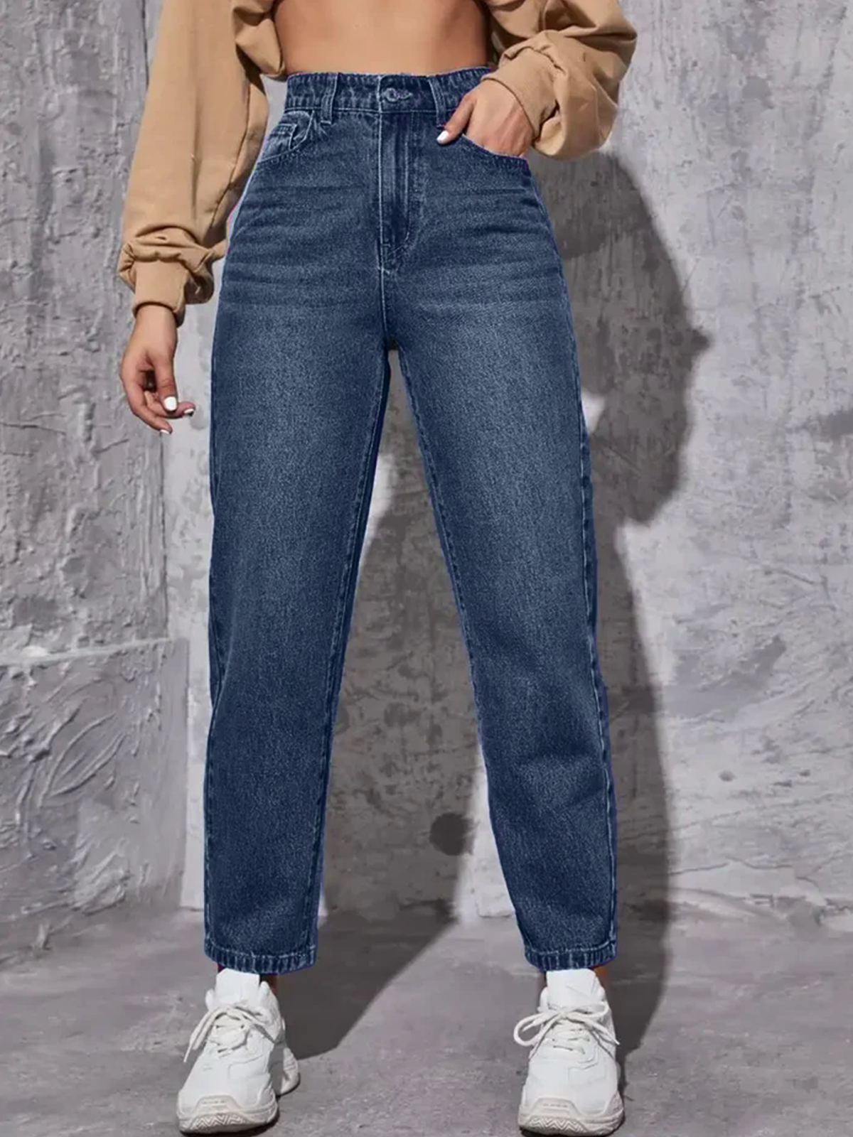 Dark Blue Whisker High Waist Mom Fit Jeans