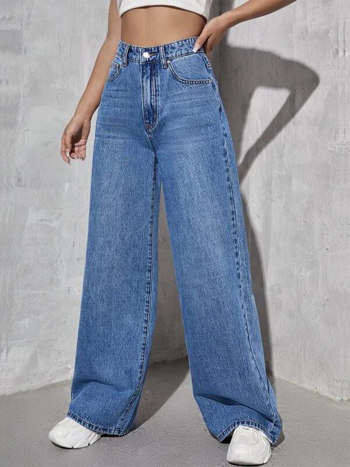 Stone Blue Whisker High Waist Wide Leg Jeans