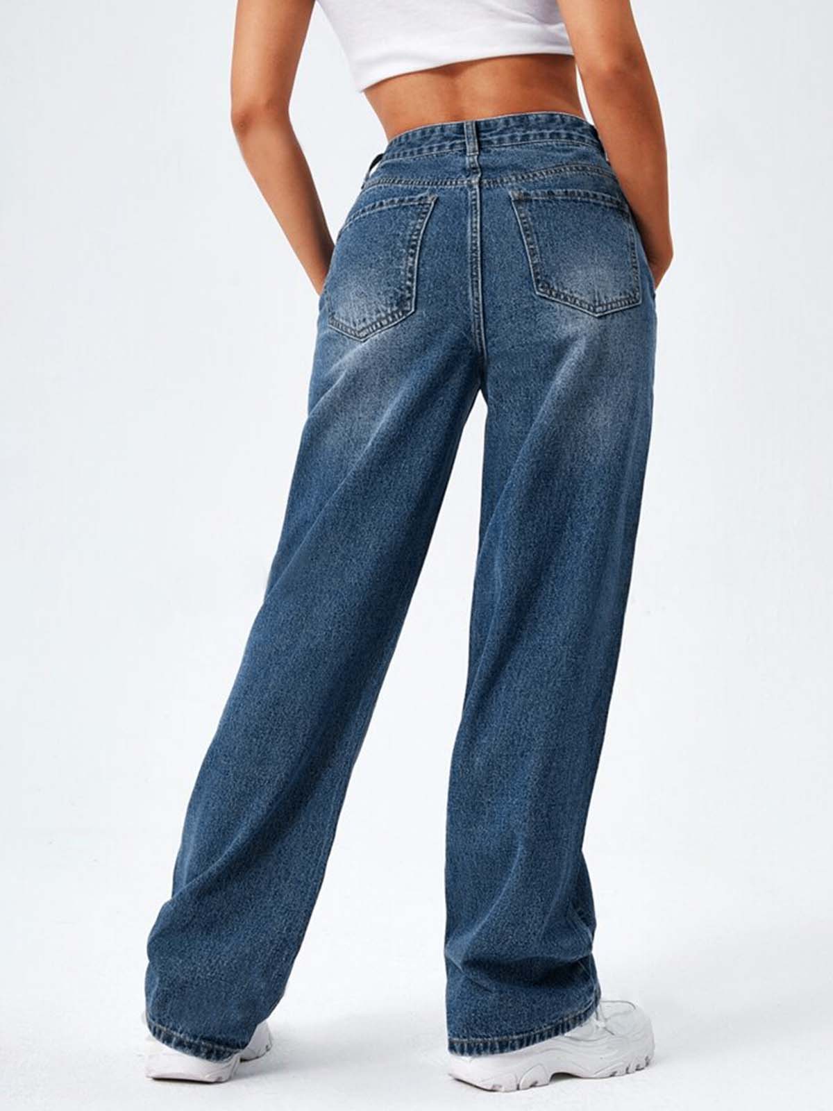 Dark Blue Whisker High Waist Wide Leg Jeans