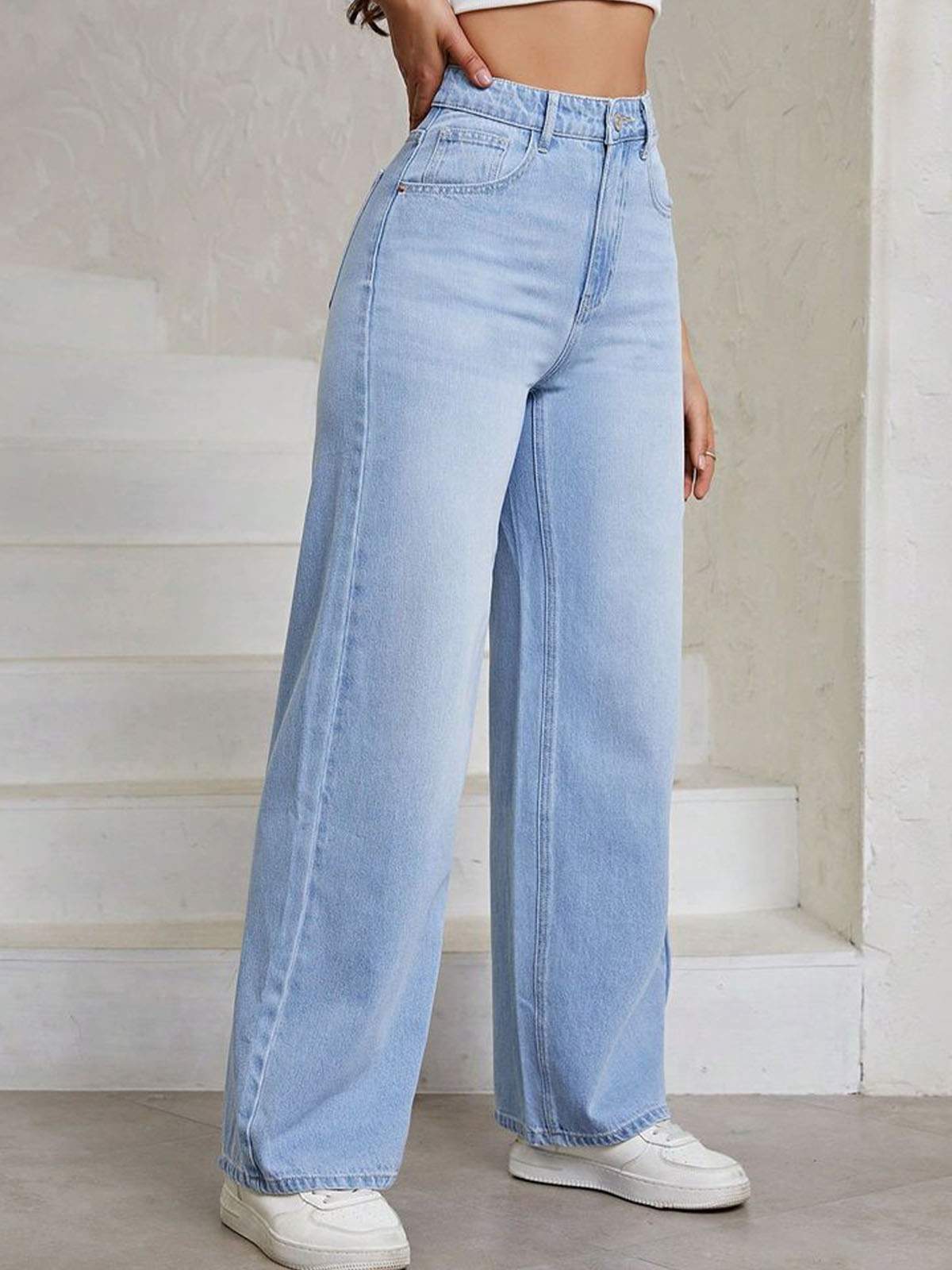 Ice Blue Whisker High Waist Wide Leg Jeans