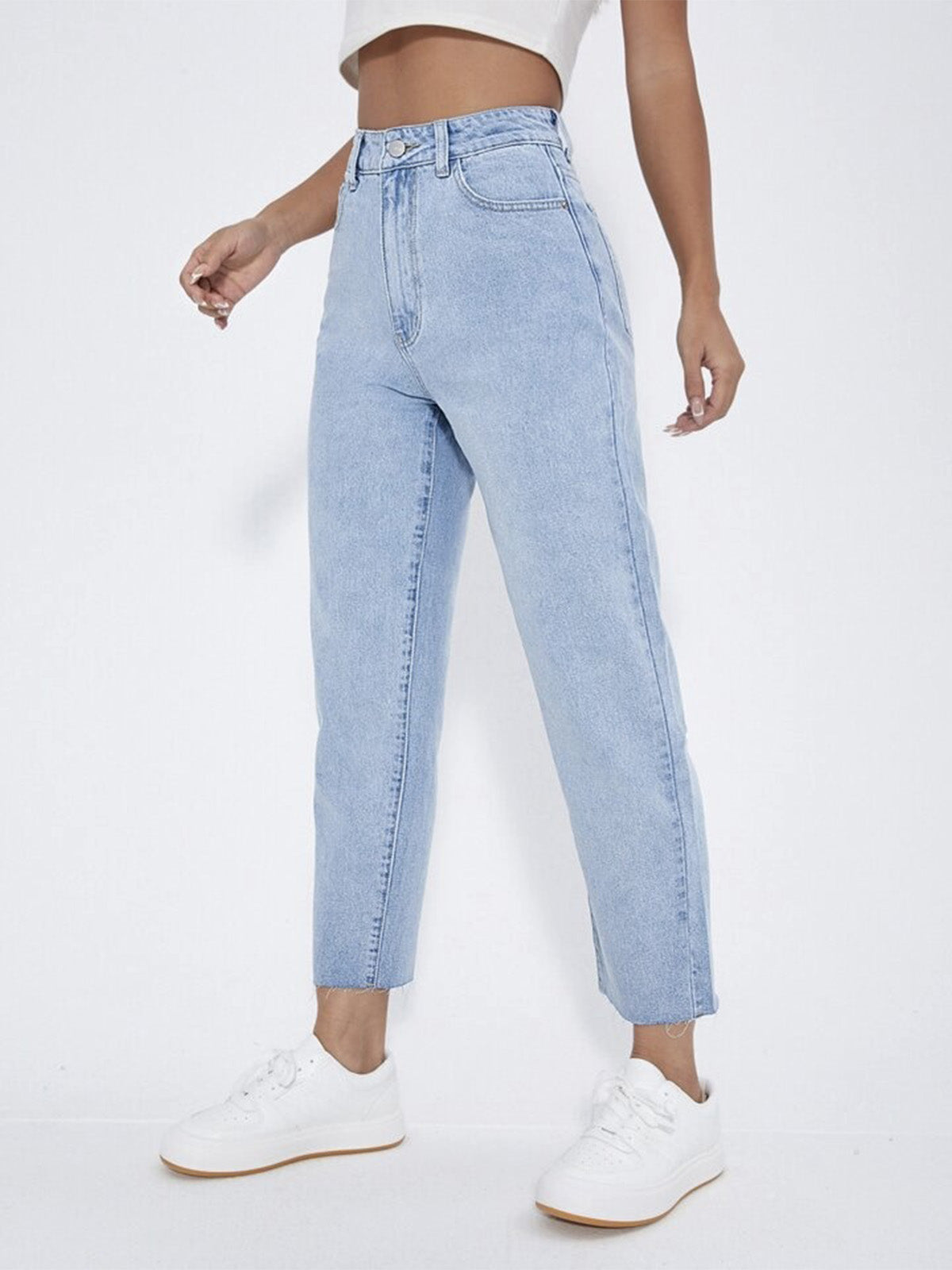 Ice Blue Raw Hem High Waist Mom Fit Jeans