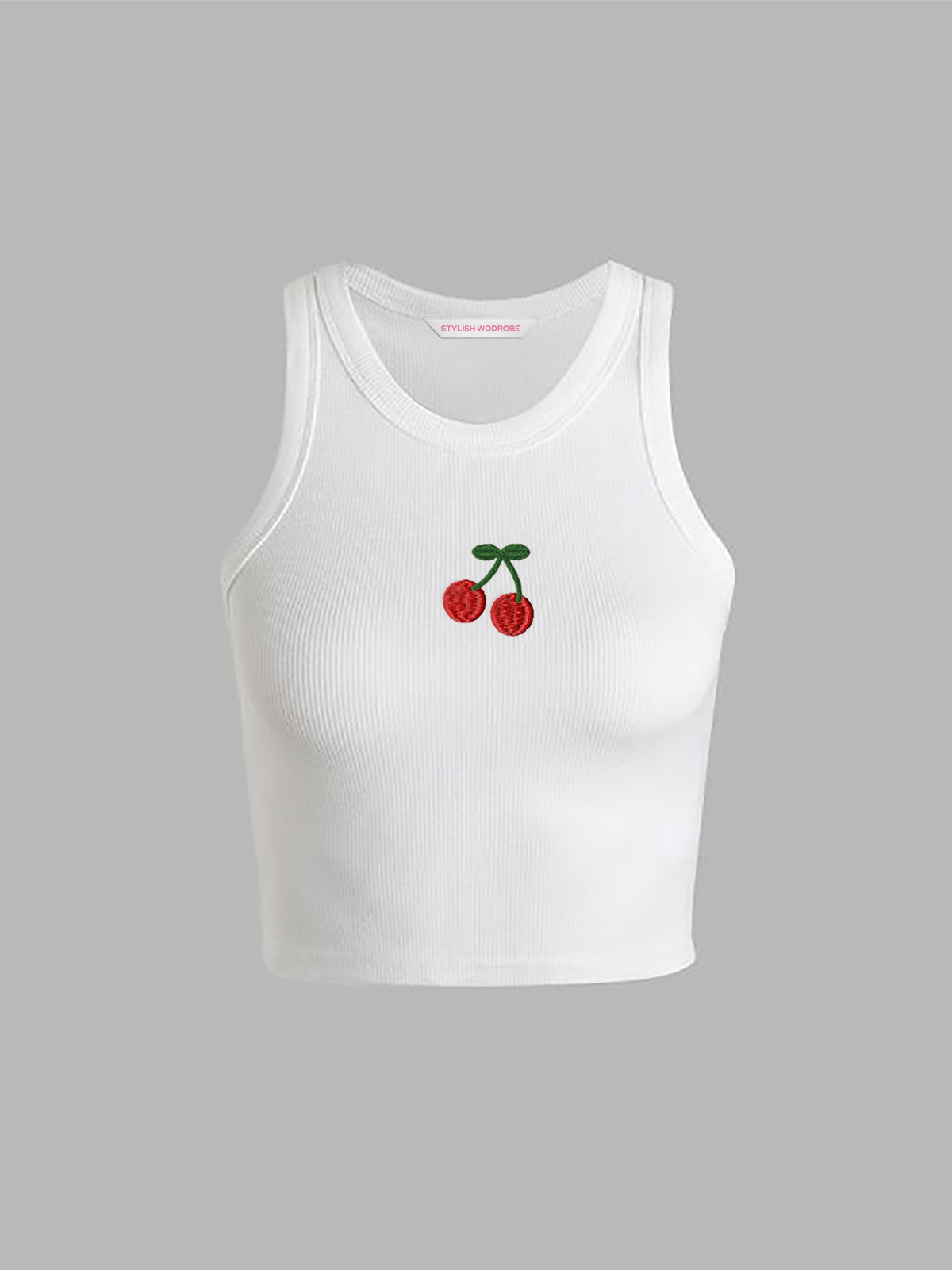 Cherry Embroidered White Tank Top