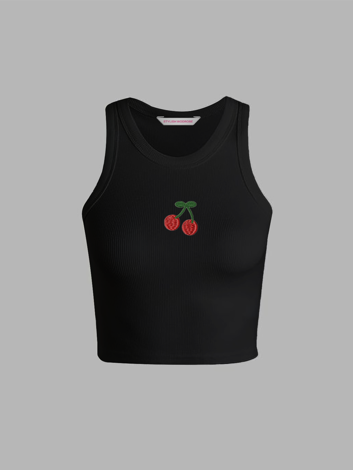 Cherry Embroidered Black Tank Top