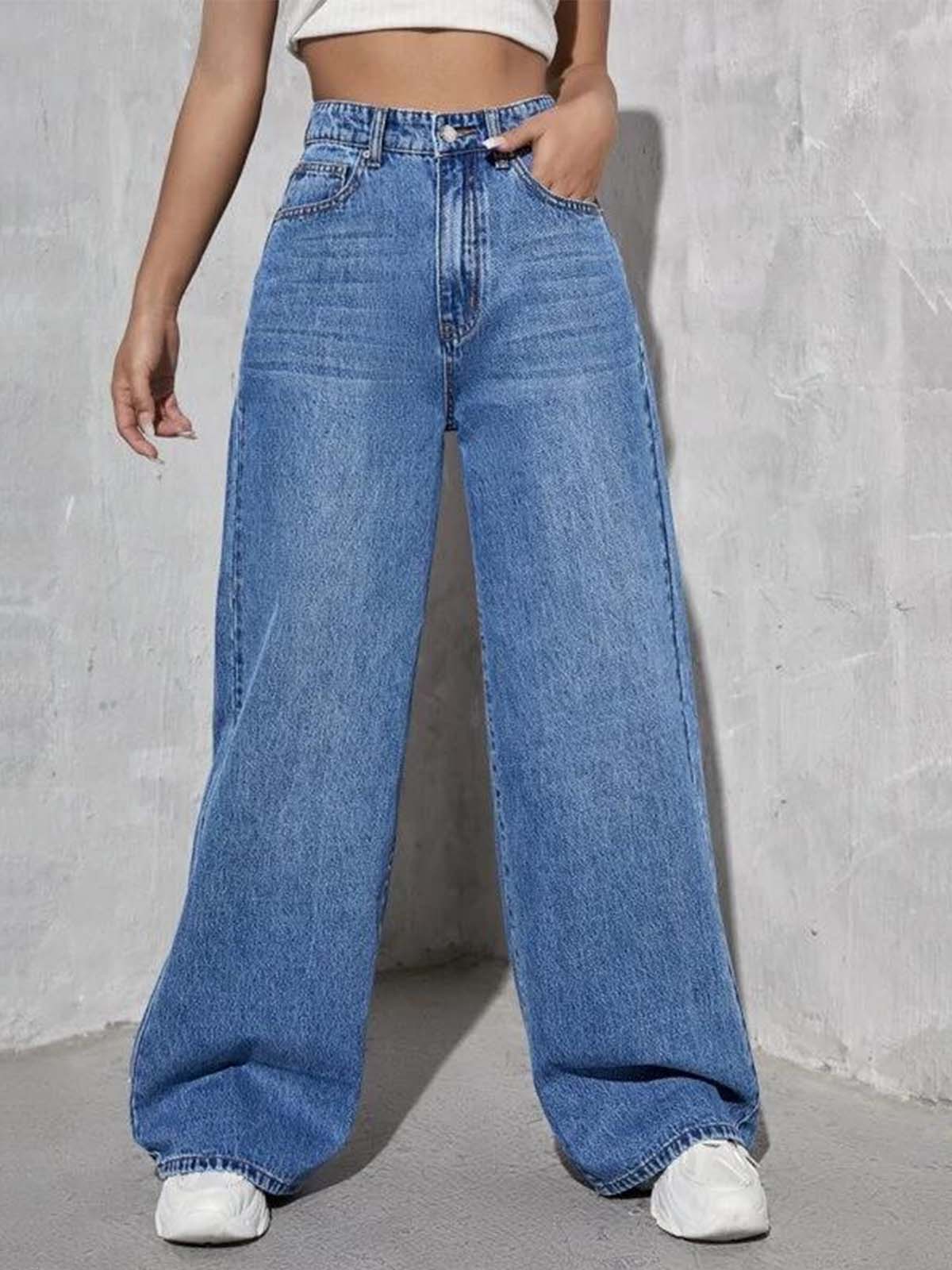 Stone Blue Whisker High Waist Wide Leg Jeans