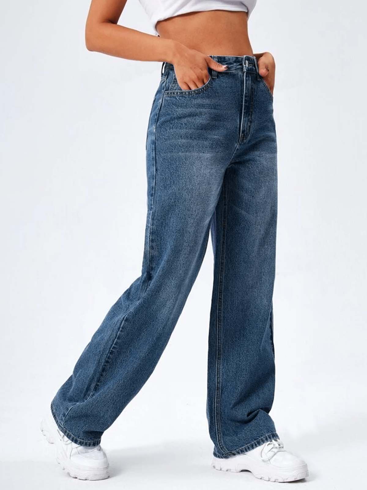 Dark Blue Whisker High Waist Wide Leg Jeans