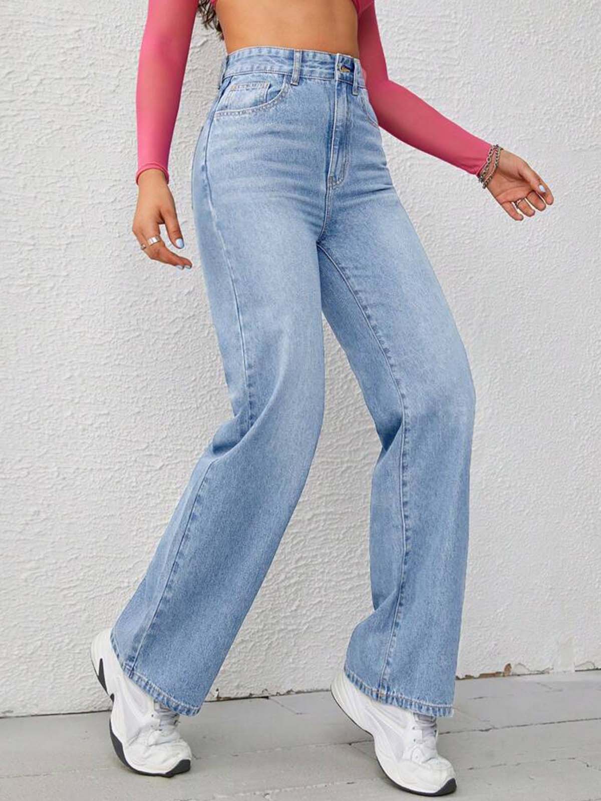 Ice Blue Whisker High Waist straight Fit Jeans