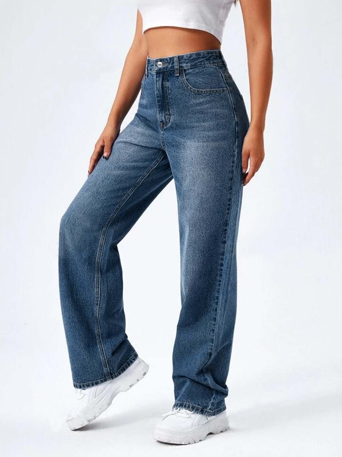 Dark Blue Whisker High Waist Wide Leg Jeans