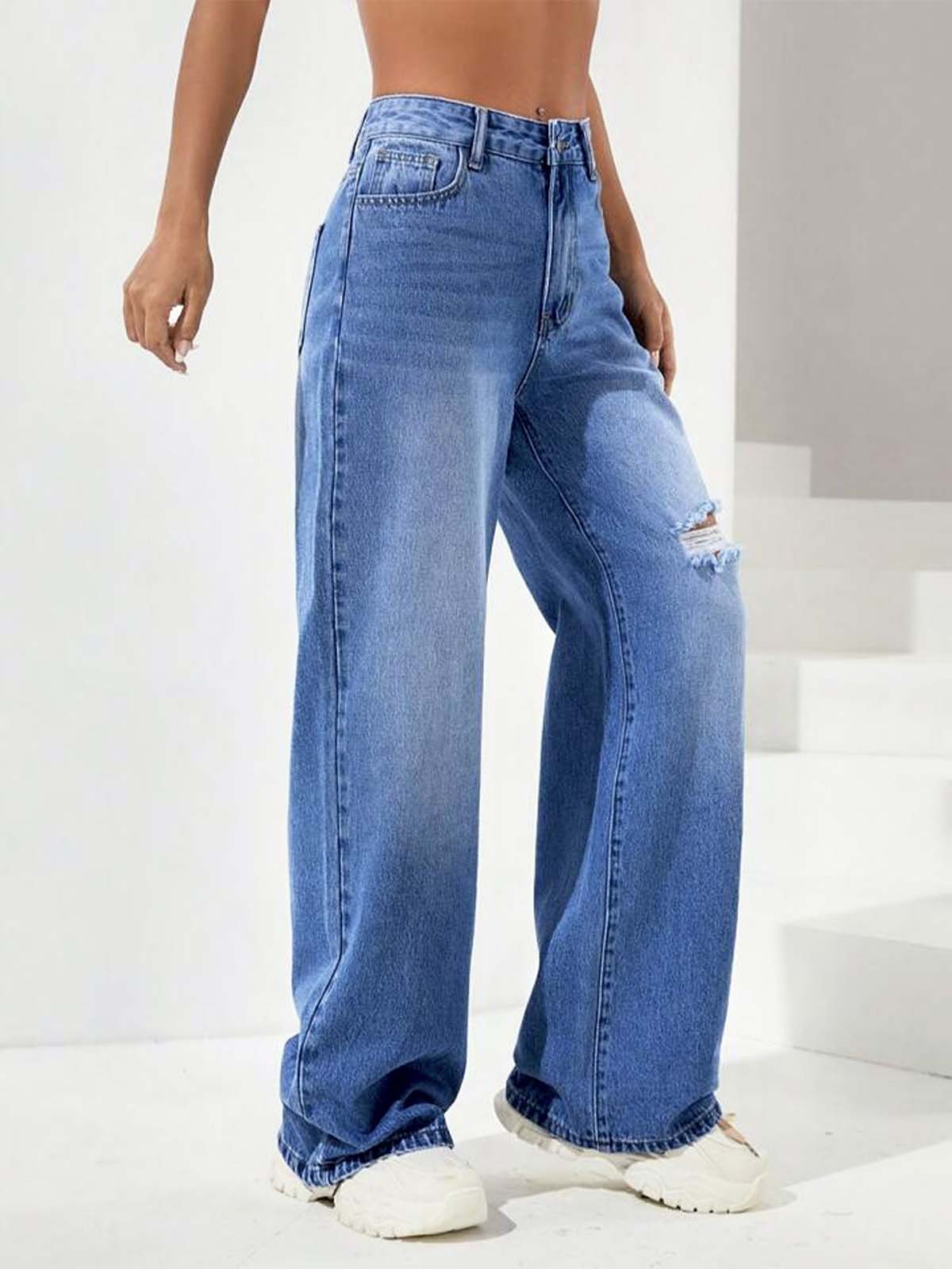 Stone Blue Whisker Knee Ripped High Waist Wide Leg Jeans