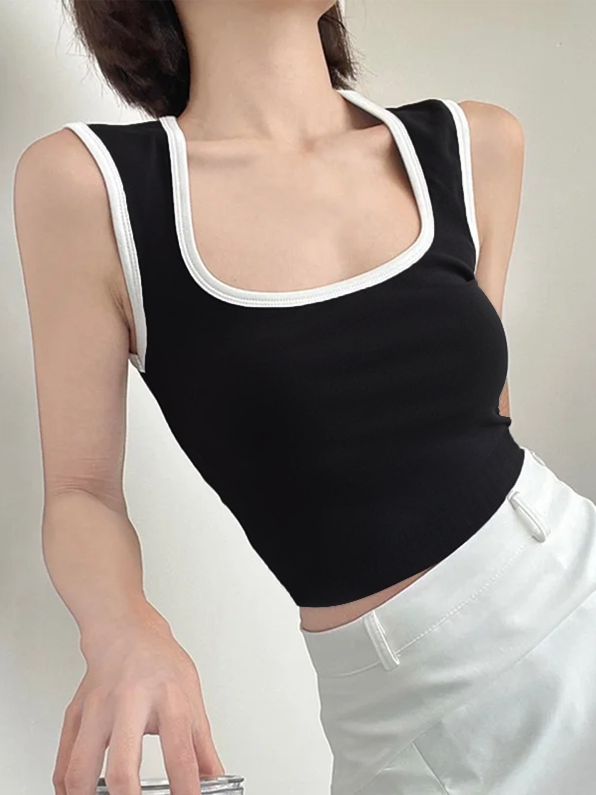 Black Square Neck Binding Tank Top