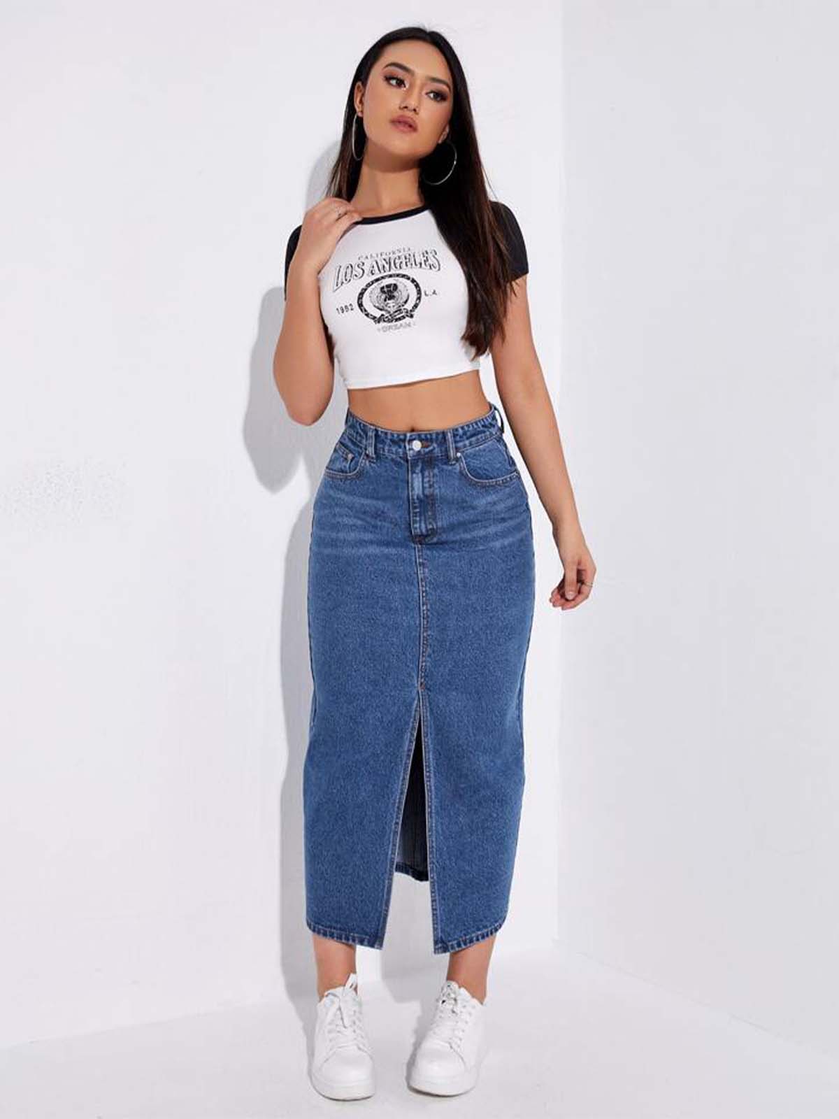 Dark Blue Whisker Long Denim Skirt