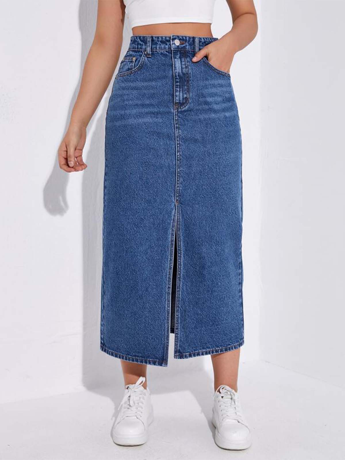 Dark Blue Whisker Long Denim Skirt