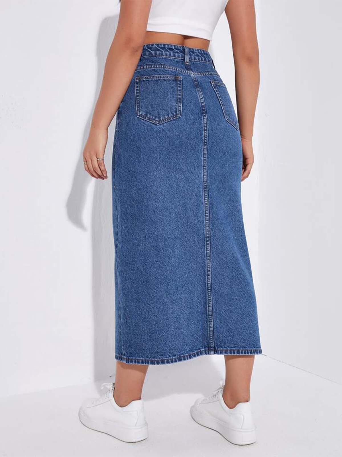 Dark Blue Whisker Long Denim Skirt