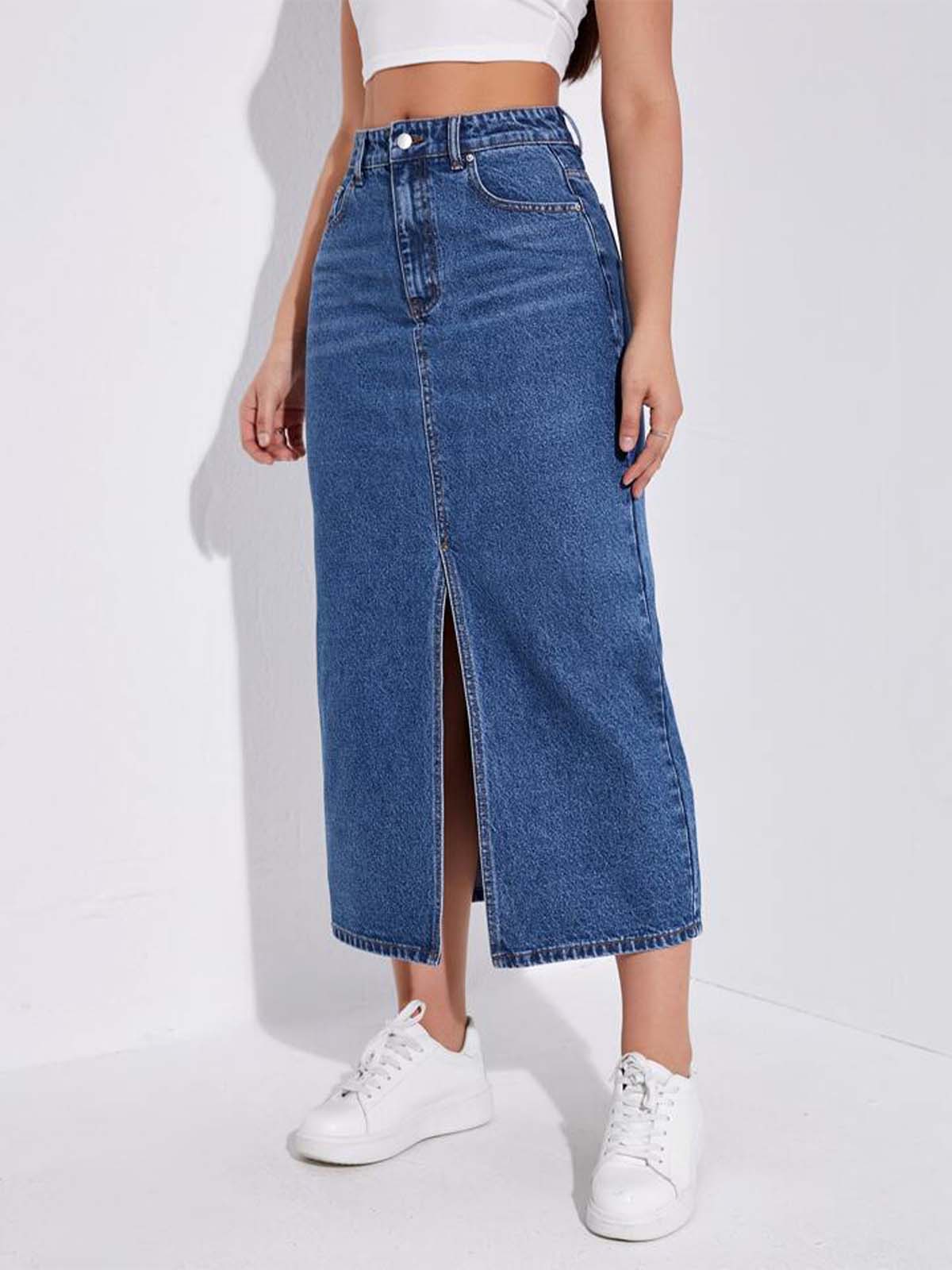 Dark Blue Whisker Long Denim Skirt