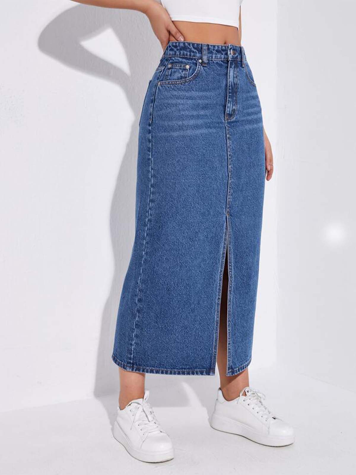 Dark Blue Whisker Long Denim Skirt