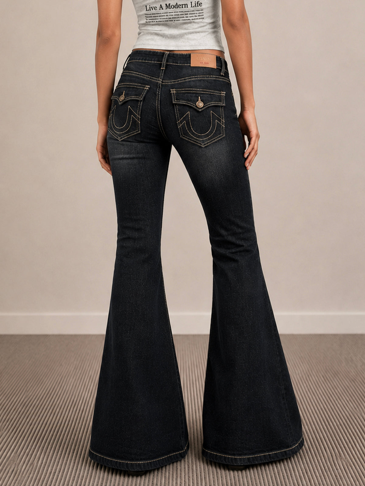 Retro Black Flap Pocket Y2K Bootcut Jeans