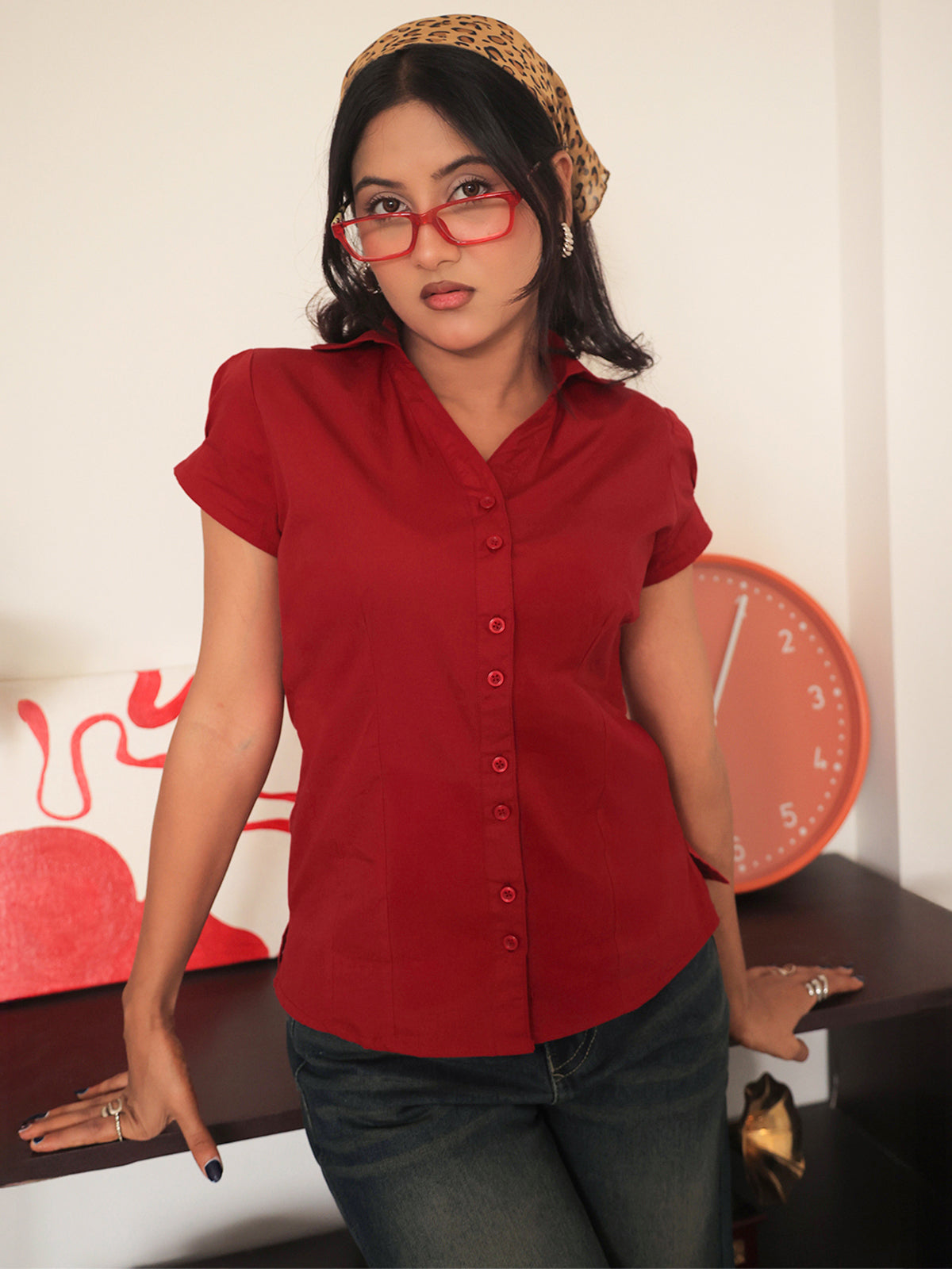 Red Short Sleeve Y2K Fitted Shirt