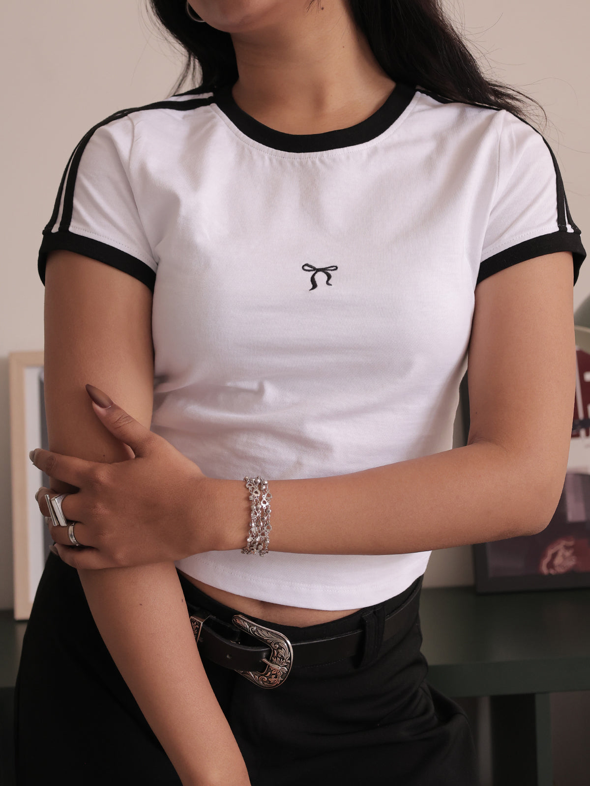 White Contrast Detail Bow Embroidered Baby Tee