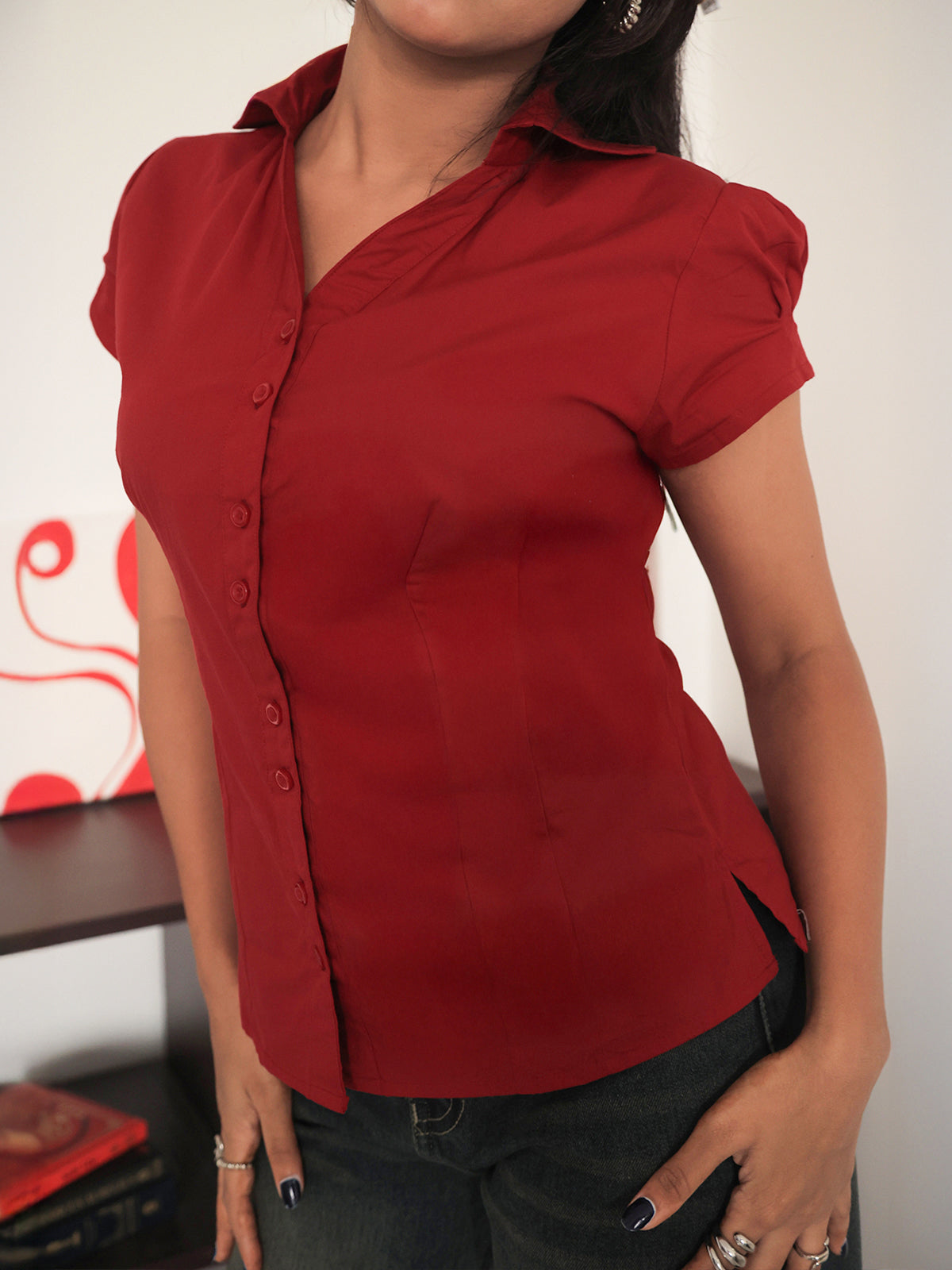 Red Short Sleeve Y2K Fitted Shirt