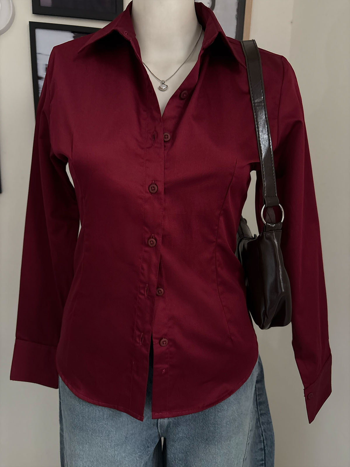 Deep Cherry Long Sleeve Y2K Fitted Shirt