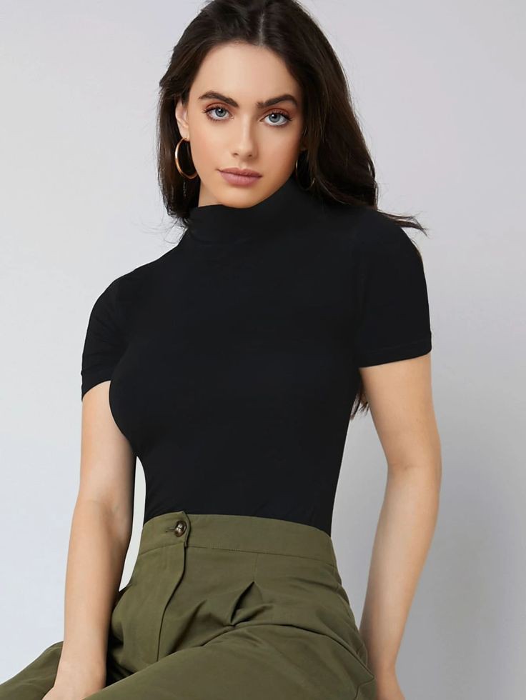 Black Mock Neck Half Sleeve Top