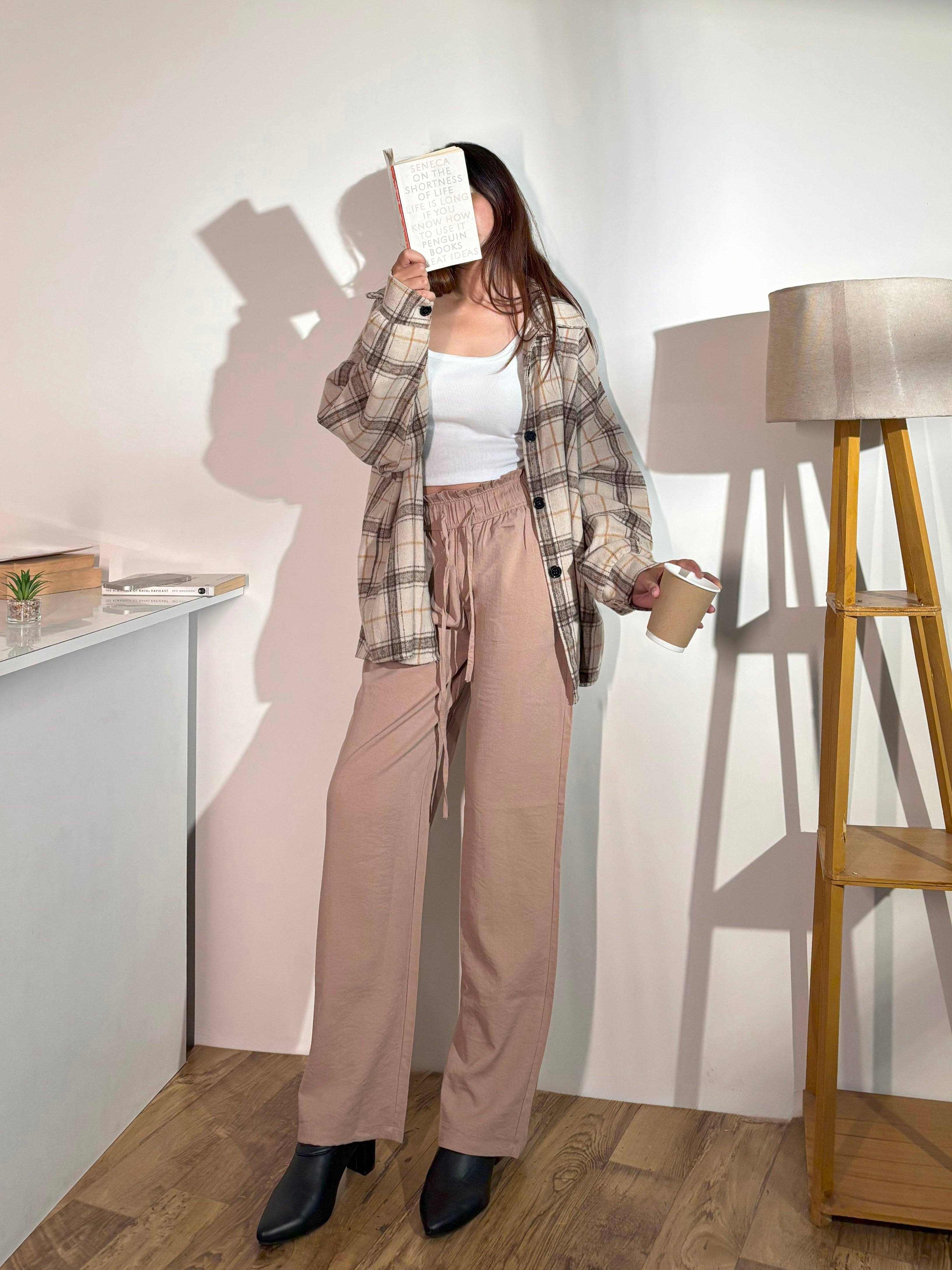 Tan Linen Drawstring Wide leg Pants